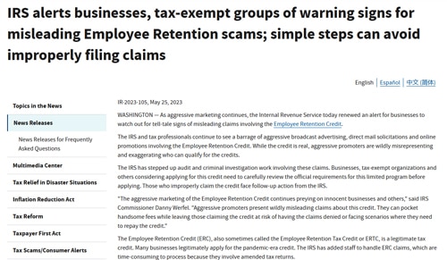 IRS alerts businesses, tax-exempt groups of warning signs for misleading Employee Retention scams; simple steps can avoid improperly filing claims